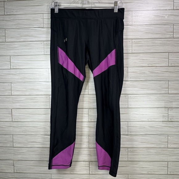 Under Armour Women's‎  Heatgear Compression Ankle Crop Black/Purple Sz Lg - Picture 1 of 6